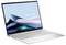 Un ordinateur portable ASUS Zenbook argenté avec un écran à fin lunette affichant un design abstrait, présenté sur un fond blanc.