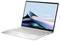 Ordinateur portable ASUS Zenbook couleur argent au design épuré, ouvert et orienté vers l'avant. L'écran affiche une image abstraite ondulée et le texte « ASUS Zenbook ».