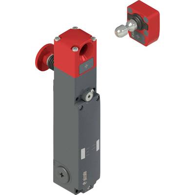 Un dispositif de verrouillage de sécurité avec un boîtier rouge et gris, accompagné d'une tête d'actionneur rouge séparée, utilisé dans les applications industrielles.