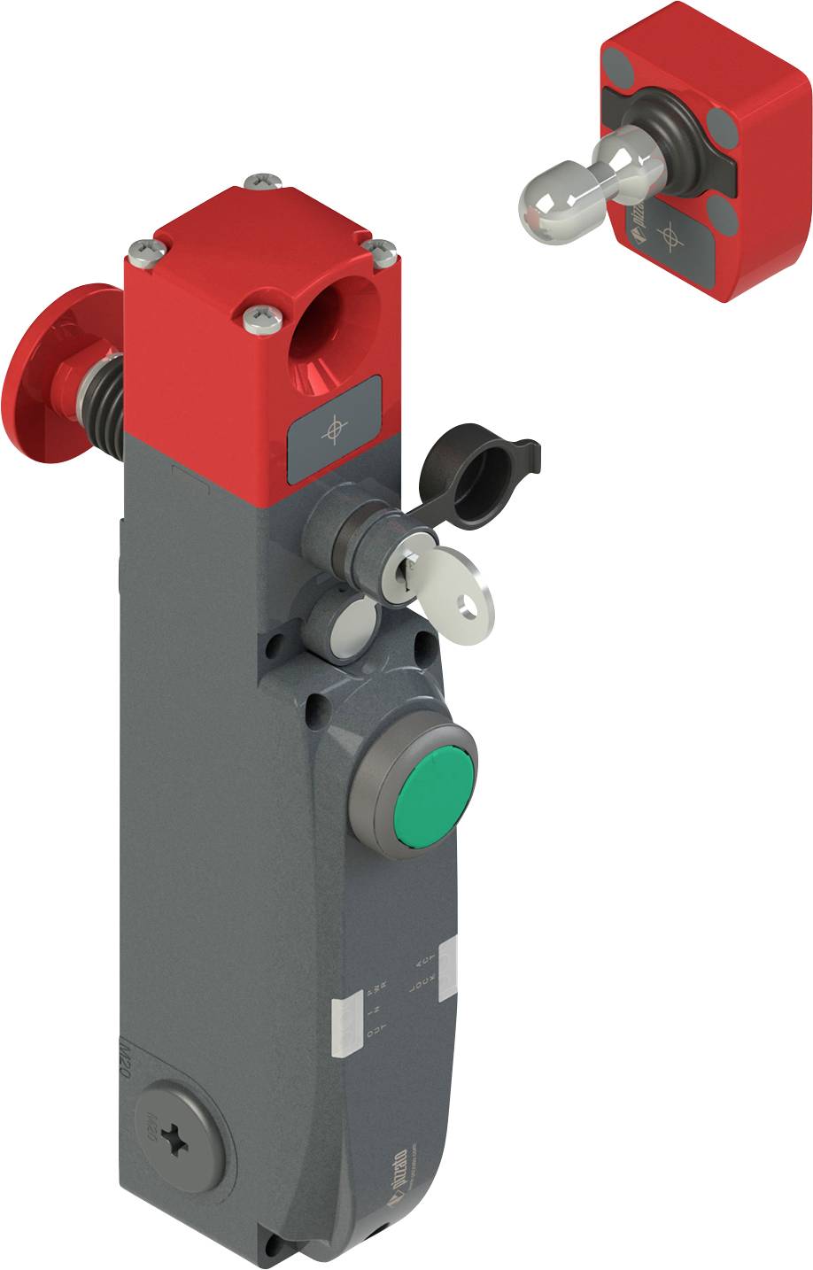 « Interrupteur de sécurité rouge avec boîtier gris et un bouton vert, comprenant une fente pour clé et une clé attachée. Composant amovible montré à proximité. »