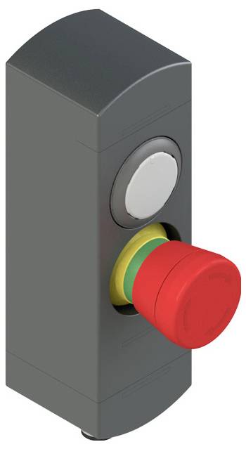 Un bouton d'arrêt d'urgence avec un sommet circulaire rouge sur une base rectangulaire grise, au-dessus d'un plus petit bouton blanc.