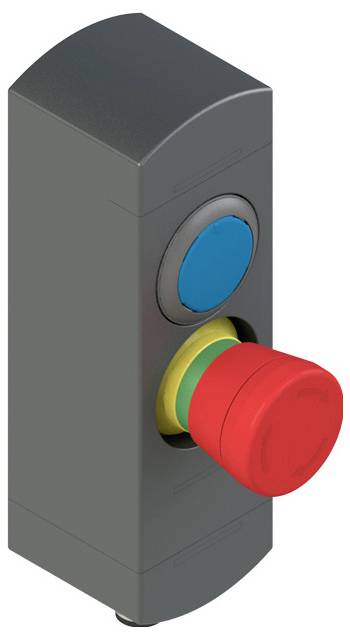 « Bouton d'arrêt d'urgence », un bouton rouge qui dépasse d'un panneau gris avec un bouton bleu au-dessus.