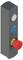 Un panneau de commande vertical avec un bouton d'arrêt d'urgence rouge, un bouton bleu et un bouton blanc dans un boîtier rectangulaire élégant.