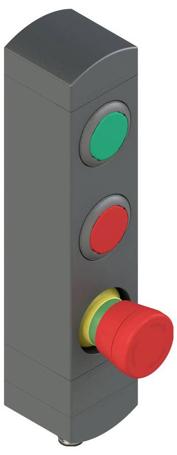 Un panneau de commande vertical avec un bouton vert, un bouton rouge, et un grand bouton d'arrêt d'urgence rouge en bas.