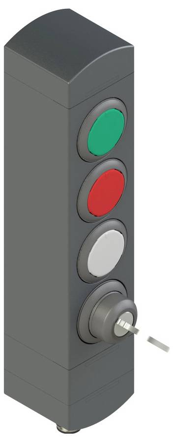 Un panneau gris avec un bouton vert, rouge et blanc disposés verticalement. En dessous se trouve une clé dans une serrure, indiquant le contrôle ou l'accès.