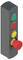 Panneau de commande vertical avec quatre boutons en rangée : vert en haut, rouge en deuxième position, jaune en troisième position, et grand bouton rouge en bas pour l'arrêt d'urgence.