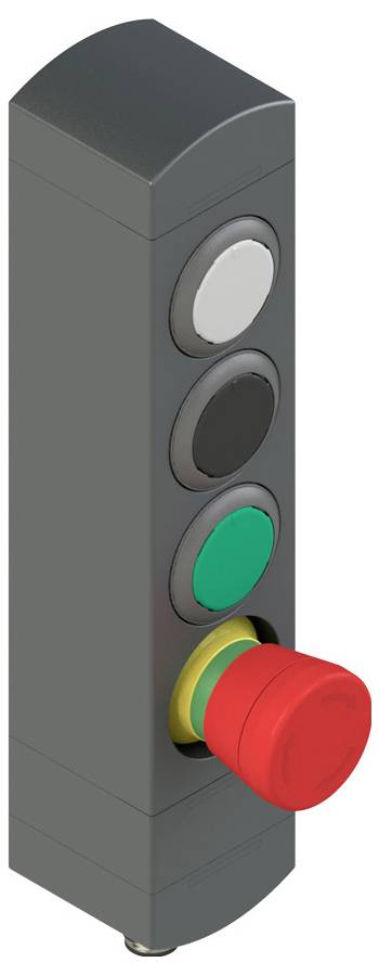 Un panneau de commande vertical avec quatre boutons circulaires : blanc, noir, vert, et un grand bouton d'arrêt d'urgence rouge en bas.