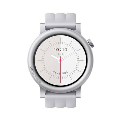 Montre intelligente argentée affichant l'heure « 10:10 » et la date « mar », montrant la progression de la combustion des calories à 50 %.