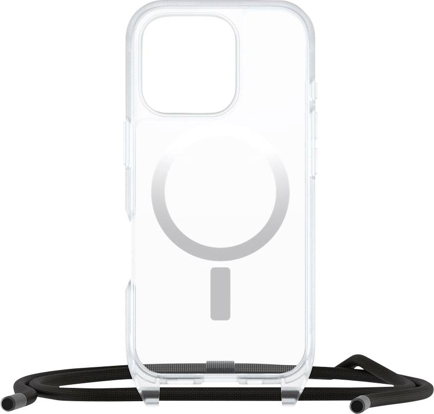 Étui de smartphone transparent avec un anneau de style MagSafe et une lanière/sangle noire attachée, présenté de face sur fond blanc.