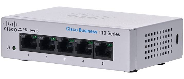 Un commutateur réseau argenté portant l'étiquette « Cisco Business 110 Series » avec cinq ports Ethernet numérotés de 1 à 5 sur le panneau avant.