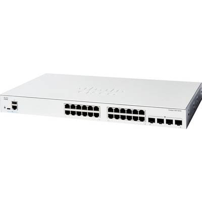 Un commutateur réseau blanc avec plusieurs ports Ethernet et un logo de marque visible.