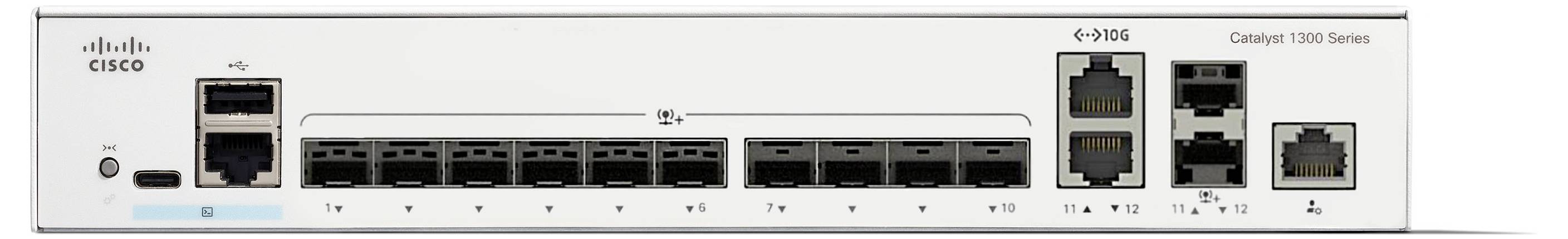 Un commutateur réseau portant la marque « Cisco », doté de huit ports Ethernet étiquetés « APC, EULA, DLU, EFI, EED, GSW, HA, SEC », et de deux ports de fibre optique.