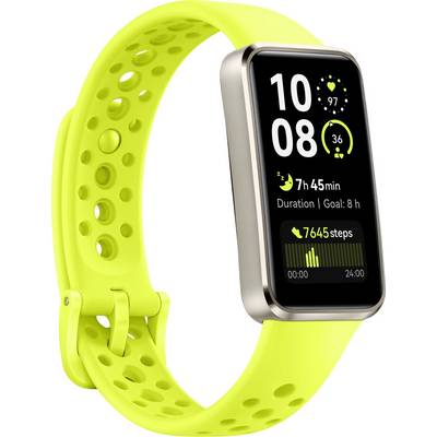 Une montre intelligente avec un bracelet jaune vif affiche des données de santé : l'heure 10:08, un moniteur de fréquence cardiaque, une durée de 7h 45min, 7645 pas.