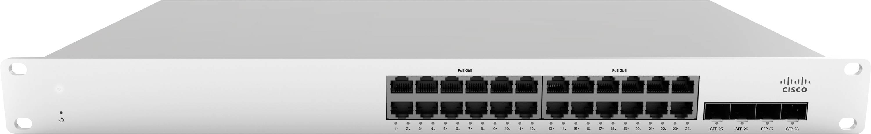 Un commutateur réseau blanc avec plusieurs ports Ethernet, portant l'étiquette « CISCO » sur le côté droit, conçu pour le montage en rack dans des configurations techniques.