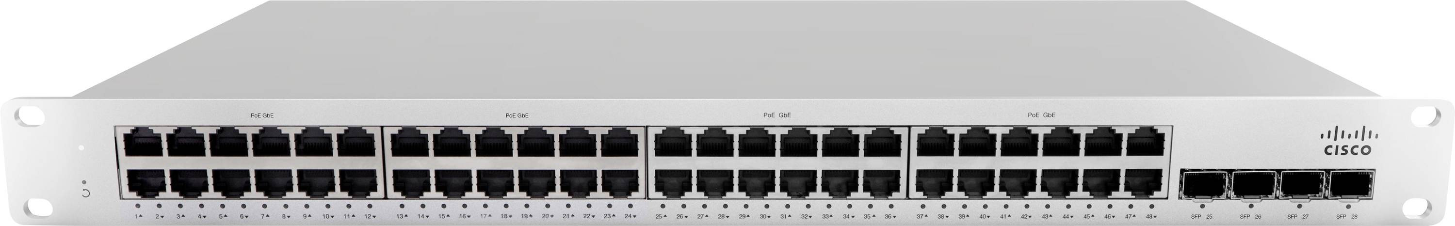 Vue de face d'un commutateur réseau Cisco, montrant huit ports Ethernet et des indicateurs d'état.