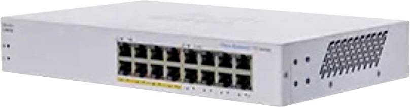 Un commutateur réseau blanc avec 16 ports Ethernet sur le panneau frontal et une ventilation sur le côté, utilisé pour connecter plusieurs appareils.