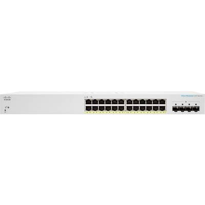 Commutateur réseau « Cisco Business 350 Series » avec 24 ports Ethernet et 4 liaisons montantes SFP présenté dans une vue de face.