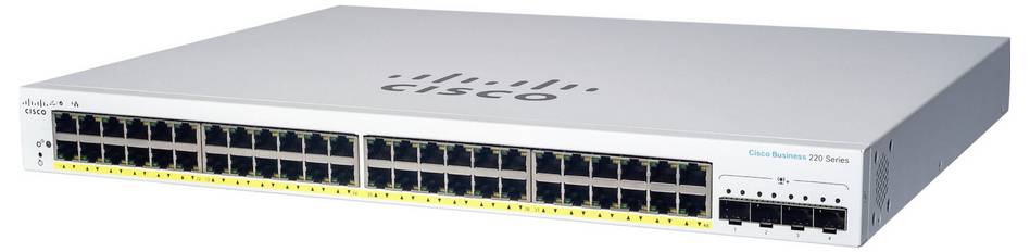 Un commutateur réseau Cisco avec 48 ports Ethernet et 4 ports SFP, adapté pour connecter plusieurs appareils dans un environnement réseau d'entreprise.