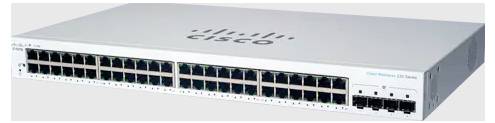 Un commutateur réseau gris avec plusieurs ports Ethernet, étiqueté « Cisco ».