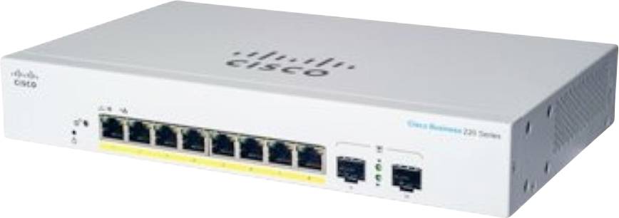 Un commutateur réseau Cisco série 220 avec huit ports Ethernet et deux ports supplémentaires pour liaison montante, conçu pour la mise en réseau des petites entreprises.