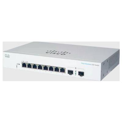 Commutateur réseau « Cisco Business 220 Series » avec huit ports Ethernet et deux ports supplémentaires, conçu pour une utilisation en petite entreprise.