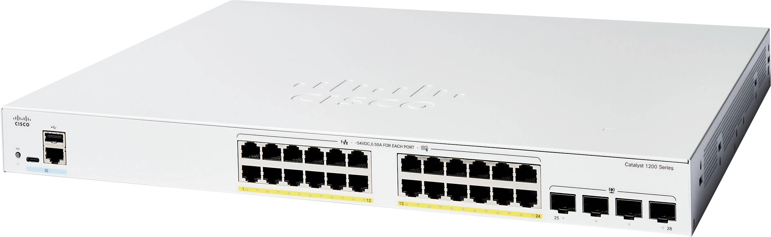 Un commutateur réseau Cisco avec plusieurs ports Ethernet, conçu pour une utilisation en entreprise.