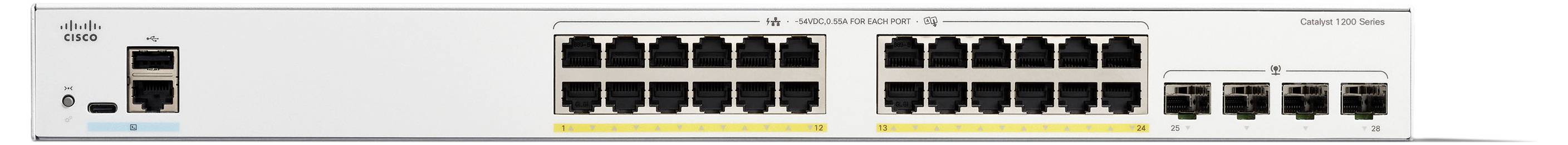 Un commutateur réseau avec plusieurs ports Ethernet, des ports fibre optique sur le côté droit et le logo de l'entreprise en haut à gauche, conçu pour la connectivité des données.