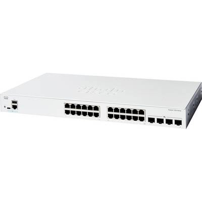 Un commutateur réseau Cisco blanc avec 24 ports Ethernet et 2 ports de liaison montante, modèle Catalyst 1000 Series.