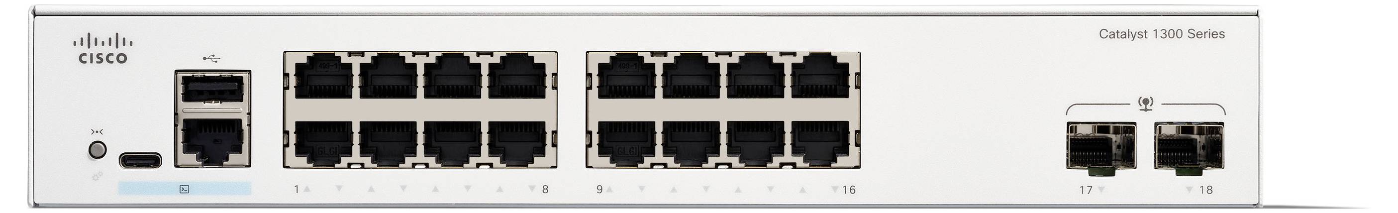 Commutateur série Cisco Catalyst 1000 avec 16 ports Ethernet et 2 ports de liaison SFP, conçu pour les petits réseaux nécessitant une connectivité de base.