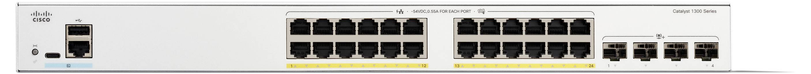 'Commutateur de la série Cisco Business 350, vue de face, mettant en évidence plusieurs ports Ethernet et deux ports de liaison ascendante.'