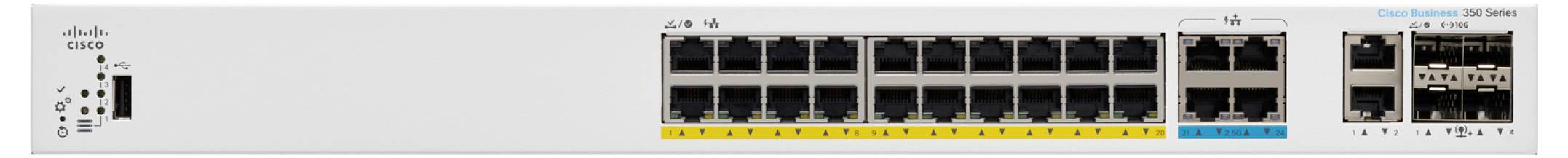 Un commutateur réseau avec 24 ports Ethernet et 4 ports SFP, dotés d'indicateurs pour l'état de la connectivité et l'alimentation.