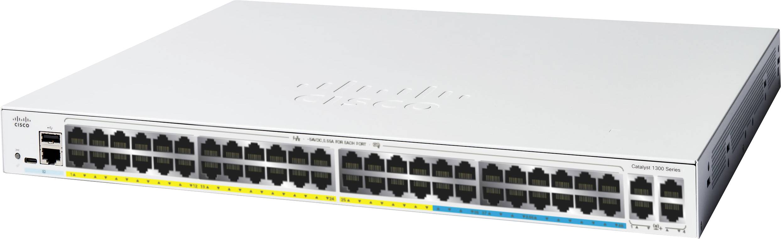 Un commutateur réseau doté de plusieurs ports Ethernet, portant l'étiquette « Cisco », conçu pour connecter des appareils dans un réseau local (LAN).