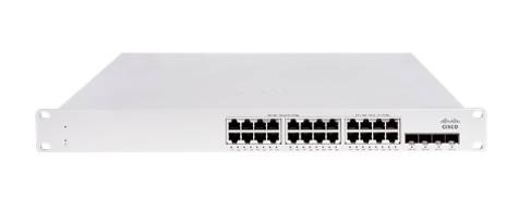 Vue de face d'un commutateur réseau Cisco avec 24 ports Ethernet sur un châssis de montage en rack argenté.