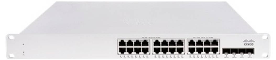 Vue de face d'un commutateur réseau Cisco avec plusieurs ports Ethernet et des voyants d'état, présenté sur un fond blanc.