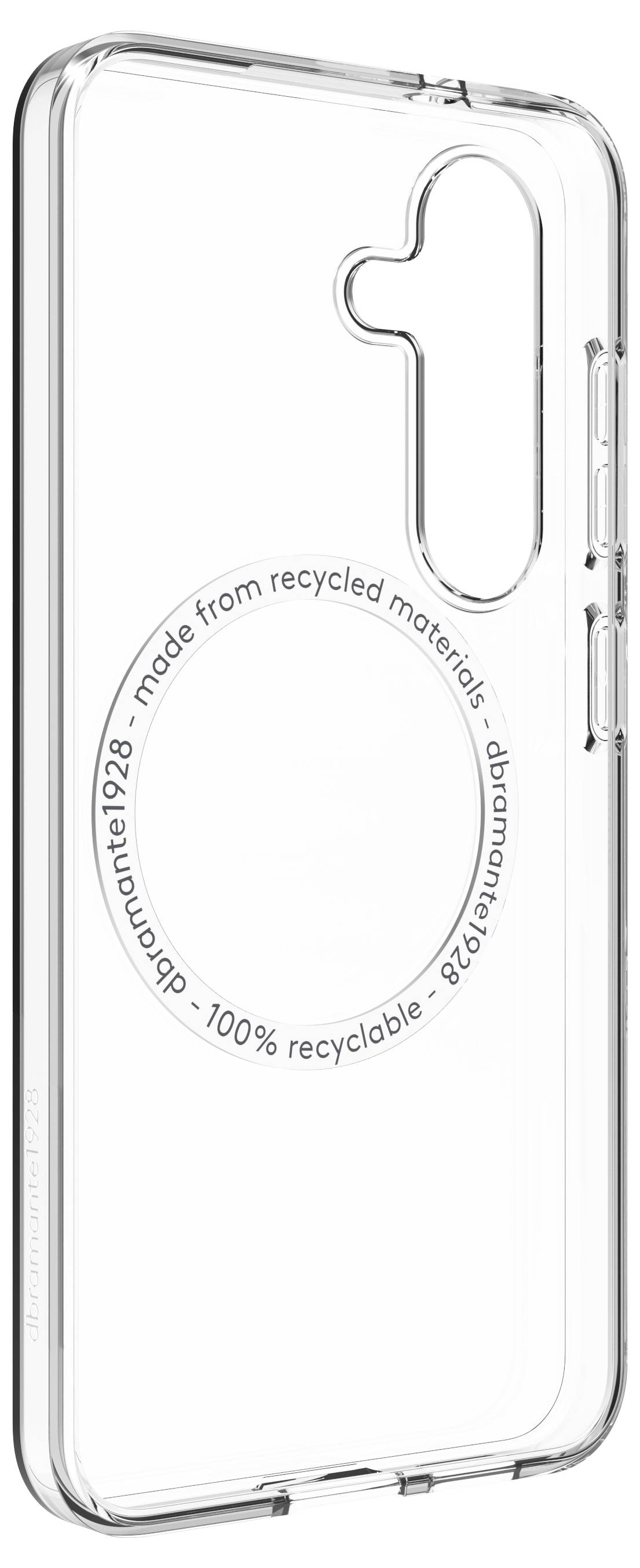 Coque de téléphone transparente montrant un design circulaire et un texte : « Fabriquée à partir de matériaux recyclés, 100% recyclable. »