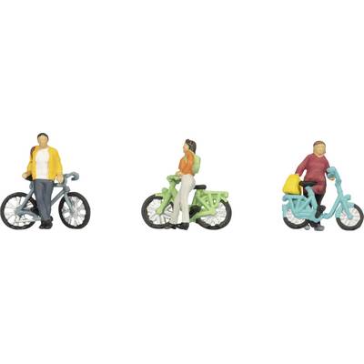 Trois petites figurines font du vélo : la première porte une veste jaune, la deuxième un chemise orange, et la troisième un haut rouge.