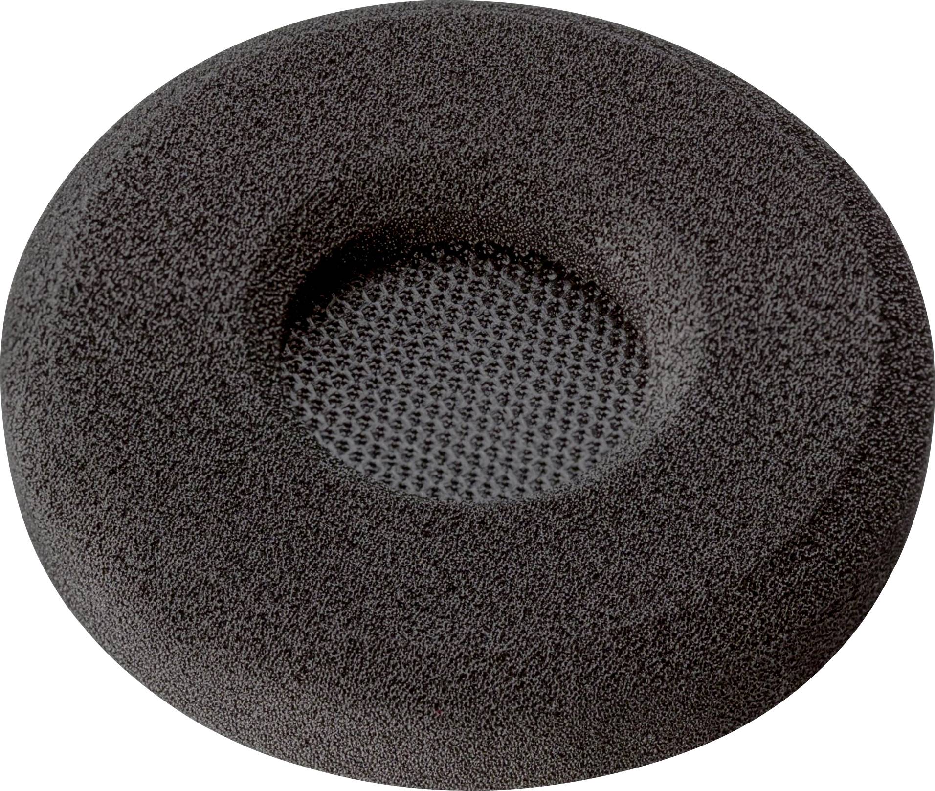 Un gros plan d'un coussin d'écouteur en mousse noire avec un centre en maille, conçu pour offrir du confort et une isolation sonore.