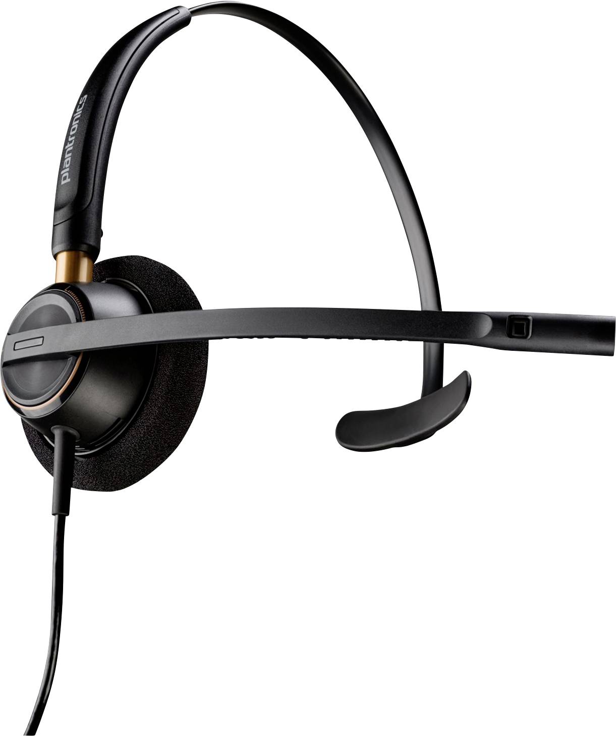 Un casque filaire noir avec un serre-tête réglable et un coussin mousse pour l'oreille d'un côté, équipé d'une perche microphone pour une communication claire.