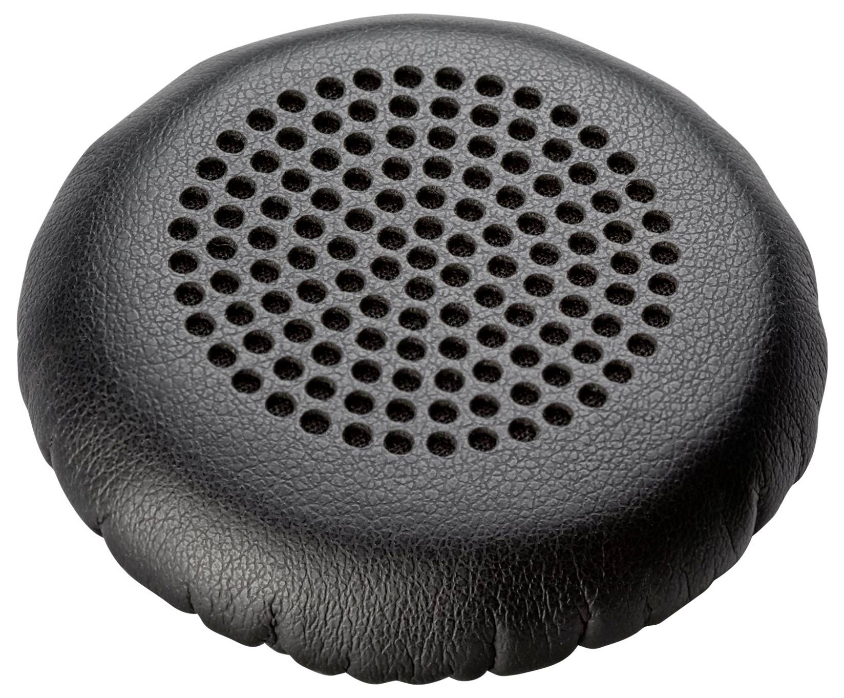 Une grille de haut-parleur en cuir noir rond avec de multiples trous perforés, conçue pour l'émission sonore.