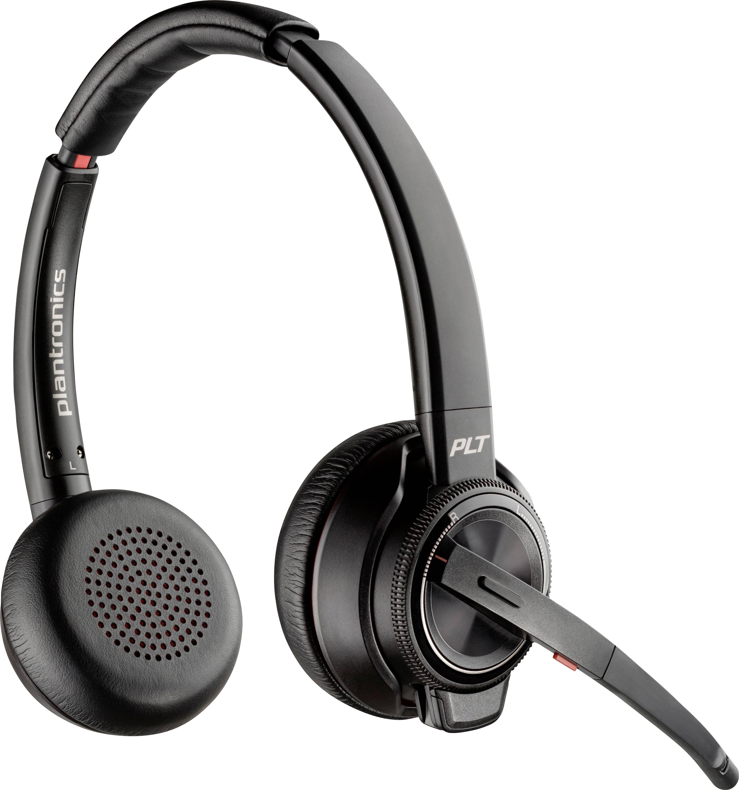 Un casque Plantronics PLT noir avec un bras microphone articulé, doté de coussinets auriculaires rembourrés et d'un serre-tête réglable, conçu pour une communication audio confortable.