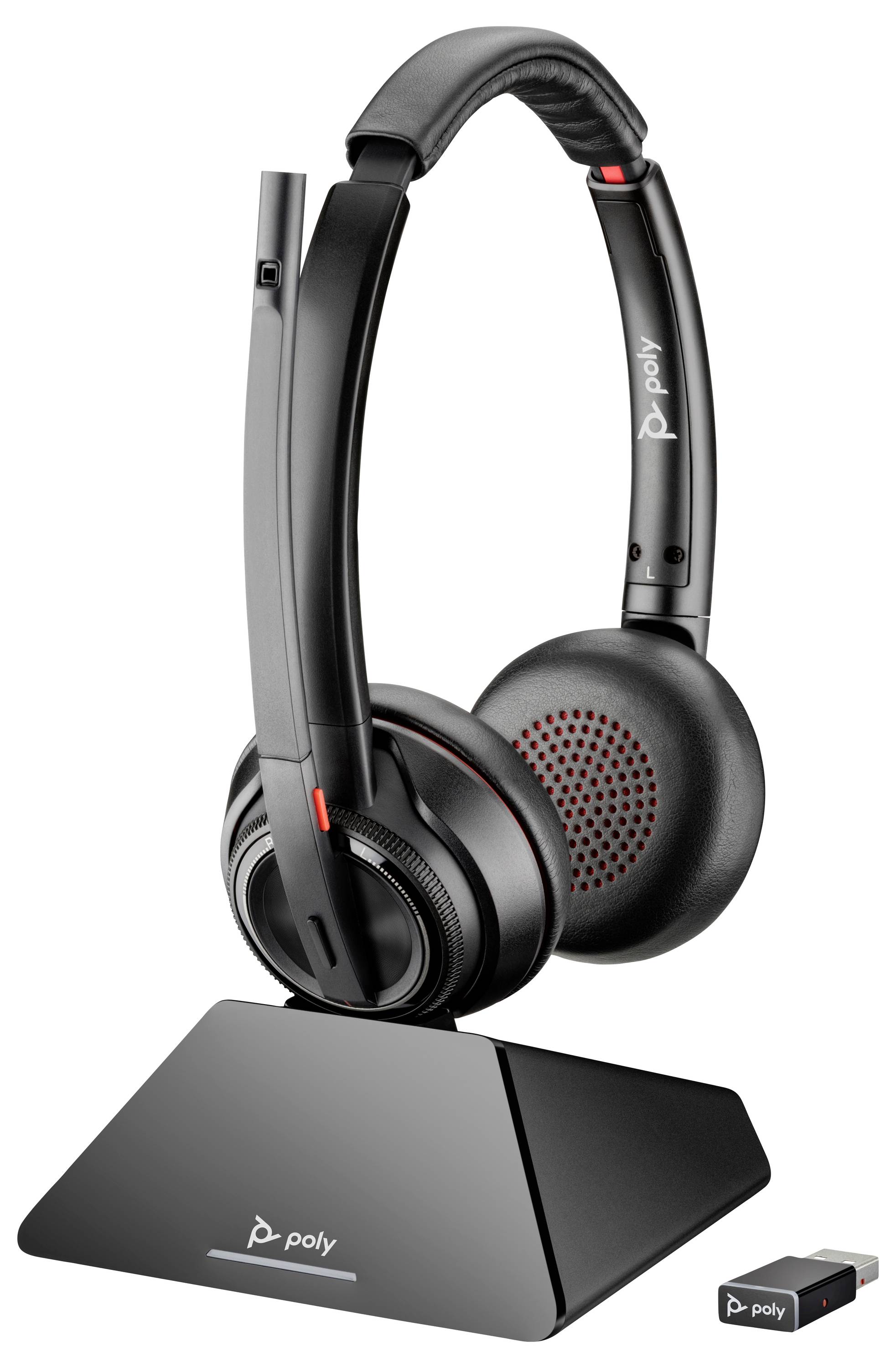 Casque sans fil noir avec coussinets auriculaires rembourrés sur un support de charge triangulaire, présentant l'image de marque « poly » sur le casque et le support.