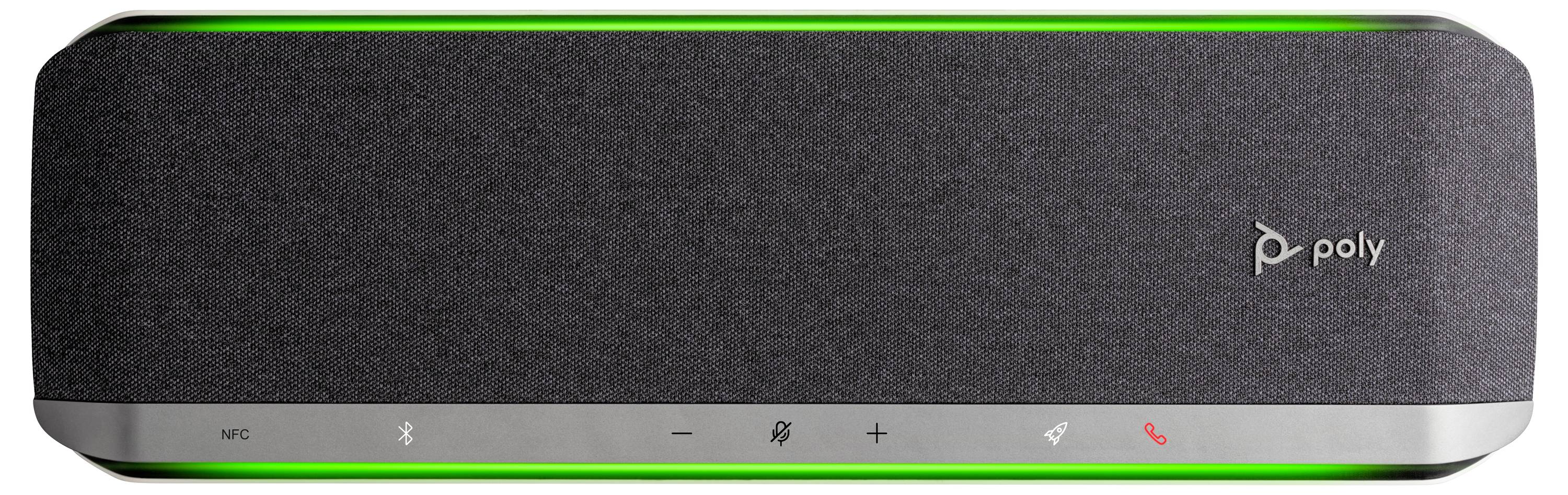 Haut-parleur rectangulaire noir avec un panneau argenté en bas, disposant d'icônes pour NFC, Bluetooth, le contrôle du volume et les commandes d'appel.