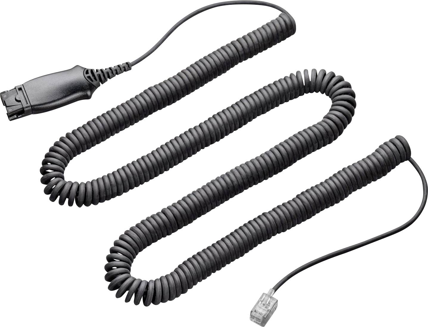 Un câble téléphonique noir enroulé avec des connecteurs aux deux extrémités, adapté pour connecter les combinés téléphoniques aux unités de base.