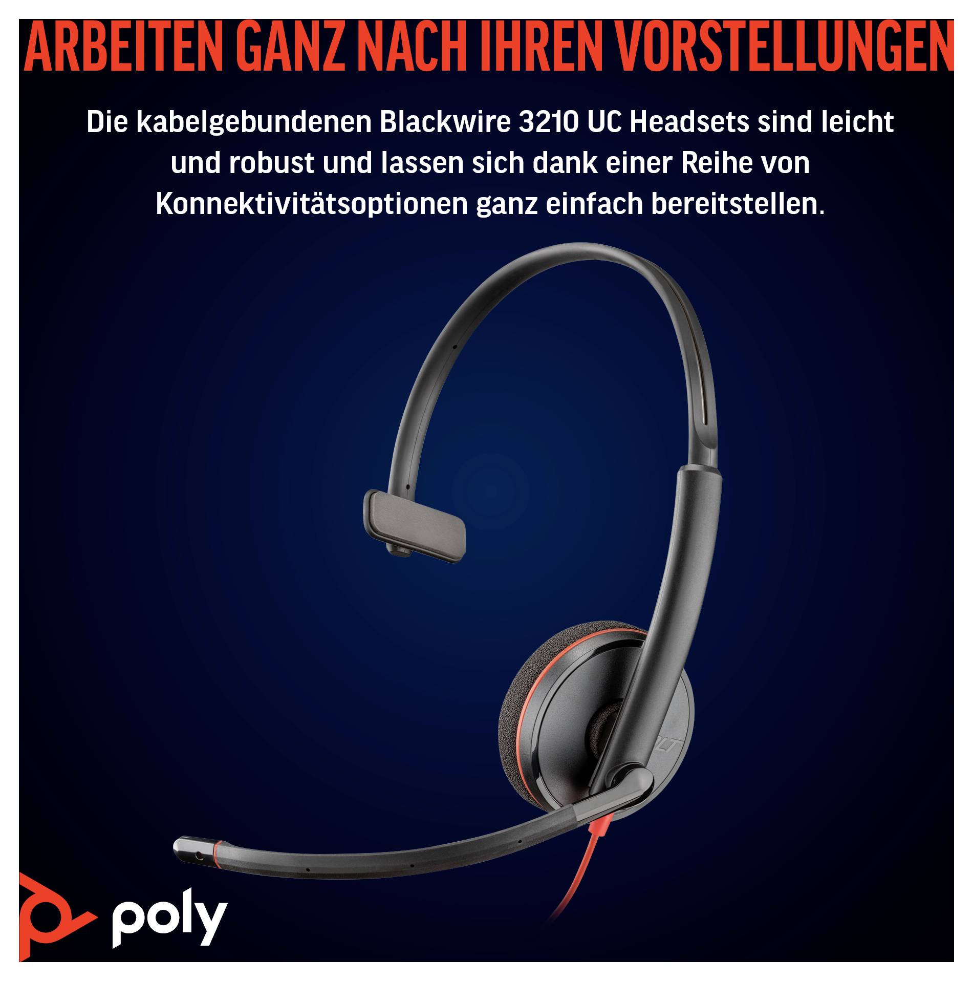 Casque avec micro-perche et accents rouges sur les coussinets auriculaires. Le texte indique : « Les casques Blackwire 3210 UC filaires sont légers et robustes [...] Options de connectivité. » Logo Poly en bas à gauche.