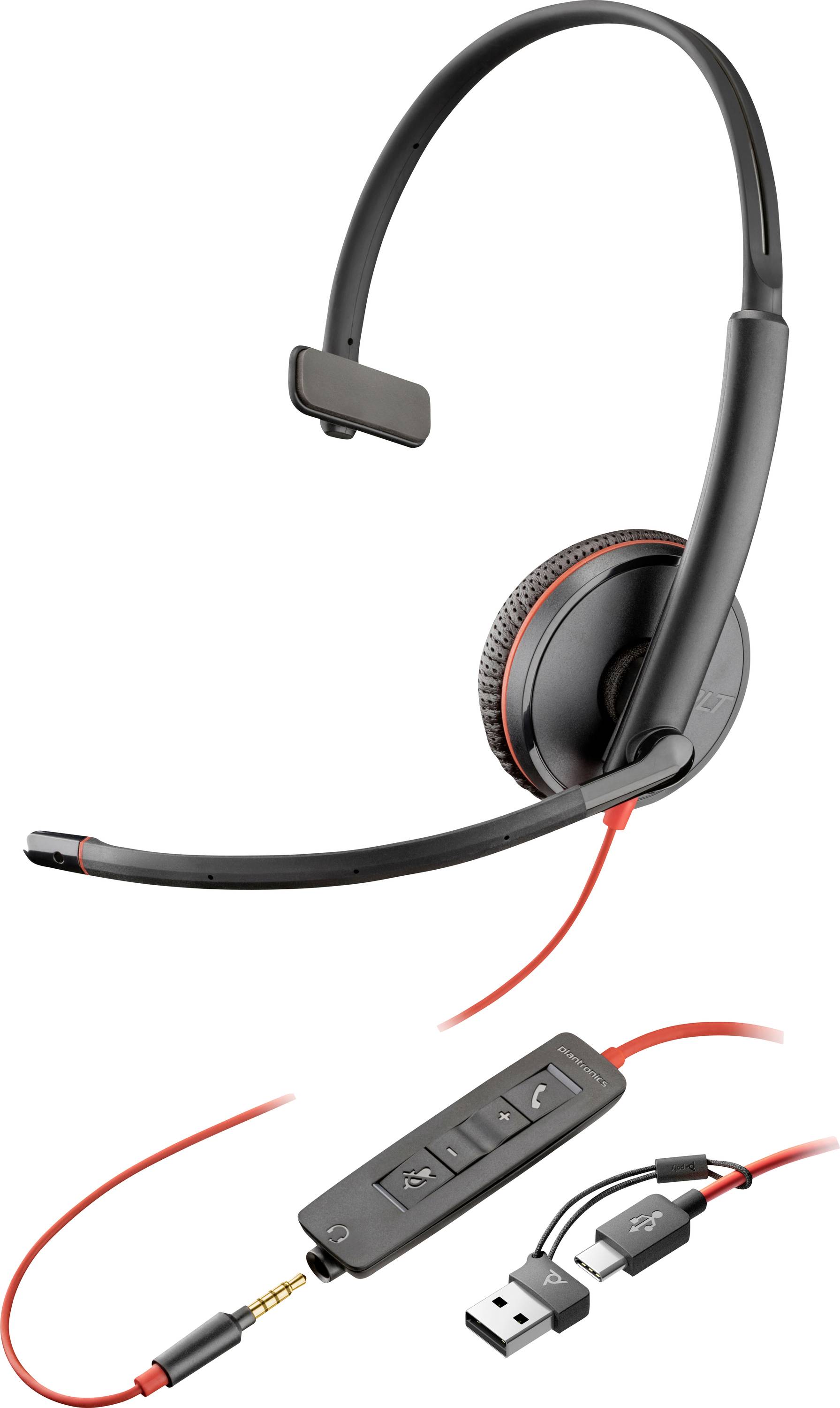 Un casque filaire noir et rouge avec microphone à perche. Comprend un câble de connexion USB et jack 3.5mm avec contrôles de volume et sourdine intégrés.