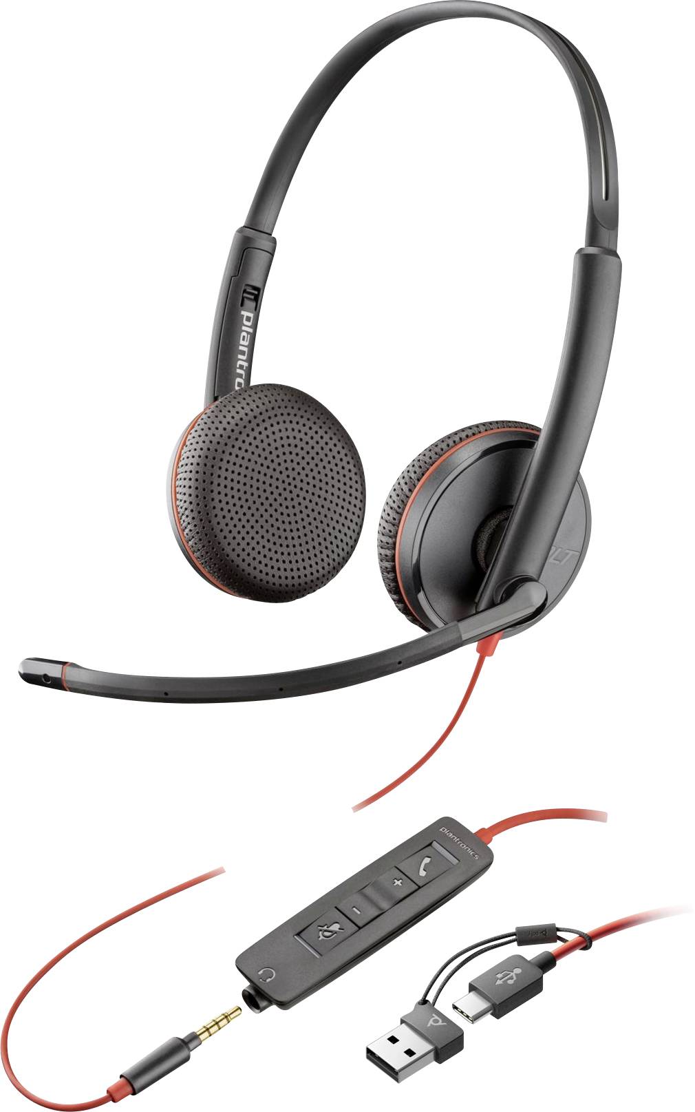 Un casque filaire noir et rouge avec un micro-boom. Il comprend une connexion USB et prise jack 3,5 mm avec contrôle en ligne pour le volume et la coupure du son.