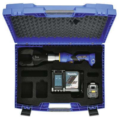 Une mallette à outils bleue ouverte révélant un outil de sertissage hydraulique de marque Makita, un chargeur de batterie et une batterie de rechange, solidement maintenues dans de la mousse.