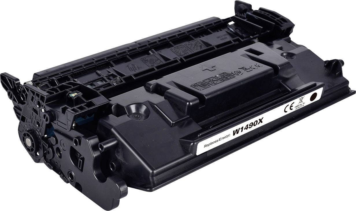 Cartouche de toner d'imprimante noire étiquetée « W1490X » sur fond blanc, présentée en vue latérale inclinée.