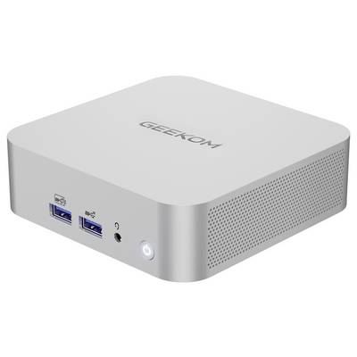 Mini PC GEEKOM compact avec deux ports USB-A, une prise casque et un bouton d'alimentation frontal sur un boîtier argenté.