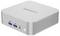 Mini PC GEEKOM compact avec deux ports USB-A, une prise casque et un bouton d'alimentation frontal sur un boîtier argenté.